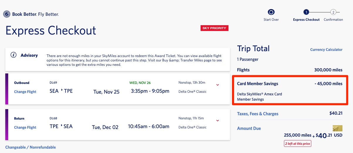 Checkout screen for a roundtrip Delta One award from SEA-TPE with 45,000 SkyMile card member savings (TakeOff15) applied. 